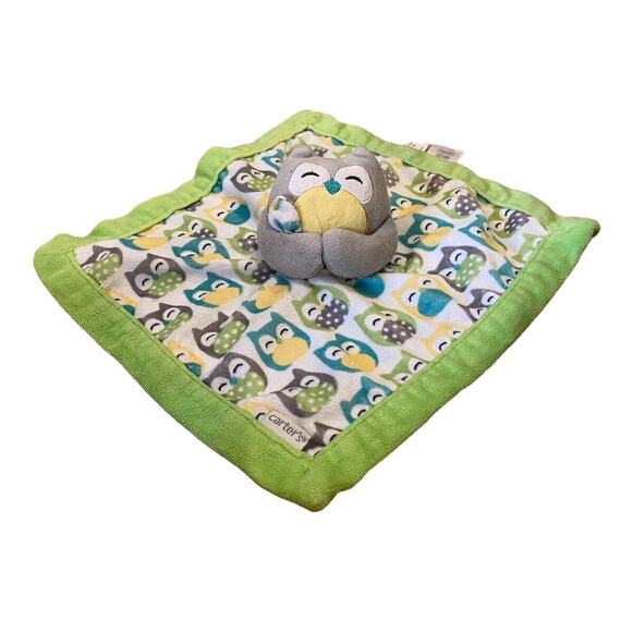 Carters Owl Baby Security Blanket Lovey Plush Soft Green Gray 13x13” Toy Stuffed - Picture 1 of 5